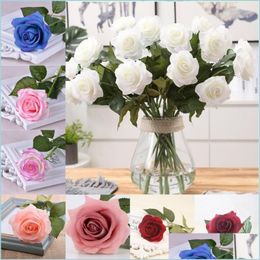 Decoratieve bloemen kransen kunstmatige single rose real touch materiaal bloemen bruiloft hand vasthouden nep zijden steel rozen vallen deliv dhqfm