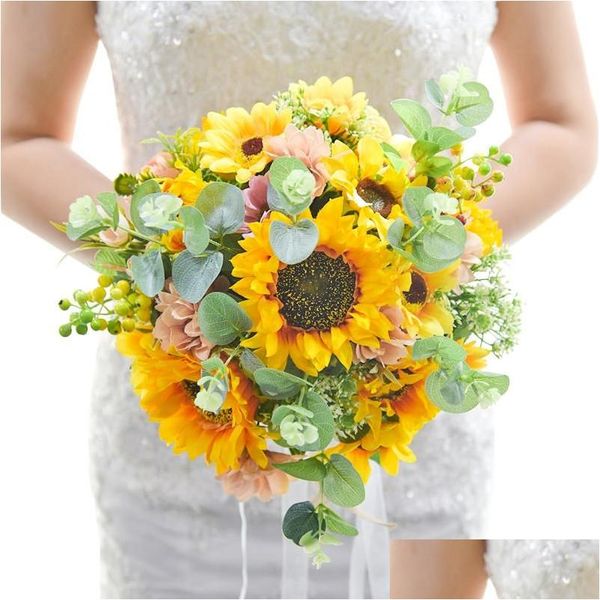 Couronnes de fleurs décoratives Bouquet de tournesol artificiel soie fausse fleur bricolage Bouquets de mariage centres de table arrangements fête maison Otoic