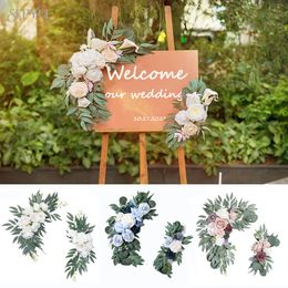Decorative Flowers Wreaths Artificial Wedding Arch Flowers Kit Boho Dusty Rose Blue Eucalyptus Garland Drapes for Wedding Decorations Welcome Sign 230815