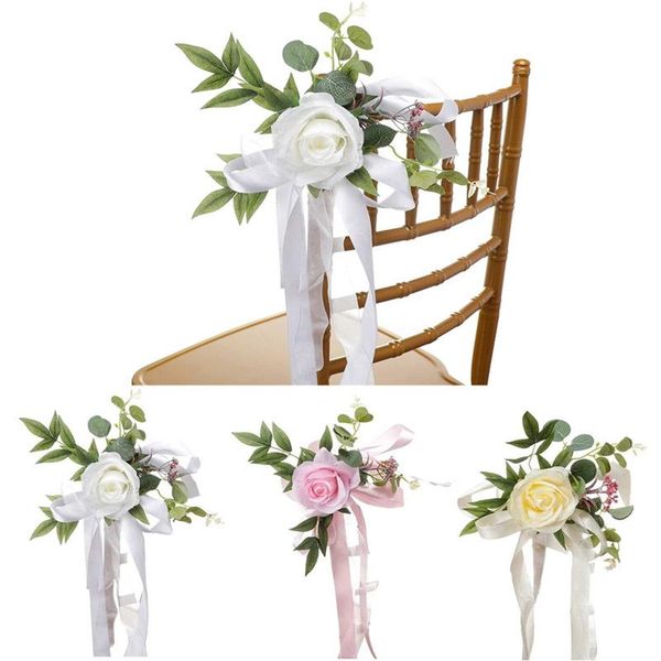 Couronnes De Fleurs Décoratives Mariage Artificiel Blanc Allée Chaise Décorations Église Banc Pew Arcs Avec Ruban Pour La Cérémonie Partie HomeDecor