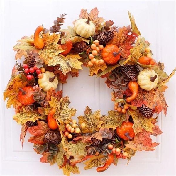 Flores decorativas Guirnaldas Puerta de otoño Navidad Decoración de Halloween Calabaza Baya Pino Cono Arce Tela artificial Material de ratán Hogar 220921