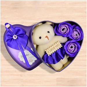 Couronnes de fleurs décoratives ours savon rose cadeaux de Saint Valentin pour femme petite amie festival de mariage bain bouquet de pétales en forme de coeur Dhczl