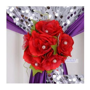 Couronnes de fleurs décoratives Beautif Rose artificielle Fleur de soie Gaze Rideau Clip Mariage Prop Toile de fond Décoration 12 pcs / lot Drop Dhxmi