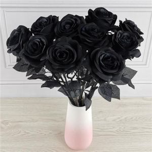 Couronnes de fleurs décoratives, Bouquet de roses artificielles noires en soie, Halloween, Lot de 10 pièces, plantes gothiques de mariage pour fête, décoration 269i