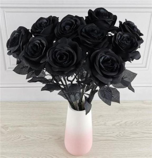 Couronnes de fleurs décoratives, Bouquet de roses artificielles noires en soie, pour Halloween, 10 pièces, plantes de mariage gothiques pour décoration de fête, 8774448