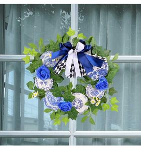 Couronnes de fleurs décoratives en porcelaine bleu et blanc flétrison Garlands Garlands Home Decor Artificial Flower Couronne pour décoration de mariage