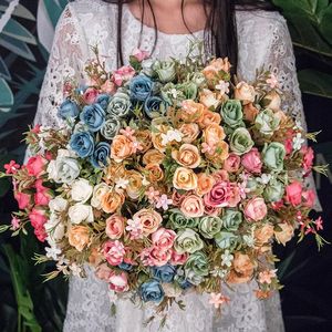 Couronnes de fleurs décoratives Bouquet 10 têtes tissu de soie artificielle fausse feuille pivoine florale maison fête de mariage décor bleu thé Rose petit Bouqu