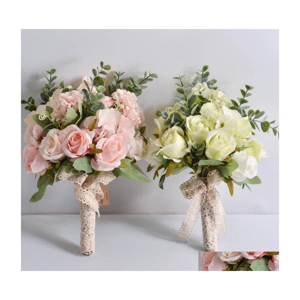 Fleurs décoratives Couronnes De Fleurs De Mariée Main Bouquet Faux Roses Soie Eucalyptus Hortensia Plantes Artificielles Décoration De Mariage Bo Dhitv