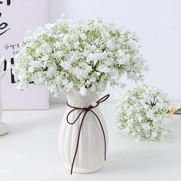 Flores decorativas Guirnaldas Manojo 3 Tallos Blanco Gypsophila Flor artificial Ramo de boda nupcial Decoración para el hogar Flores falsas Decorativas