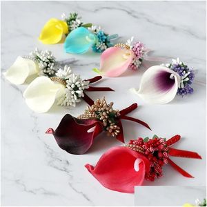 Couronnes de fleurs décoratives Calla Lily Boutonnière Fleurs Cor Pin Boutonnière Hommes Bracelet De Mariage Demoiselle D'honneur Témoin1 Maison Jardin Fe Dh8Lq