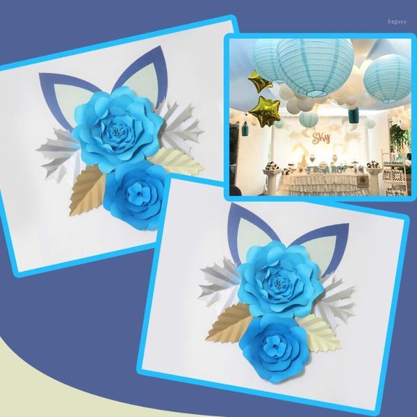 Couronnes de fleurs décoratives en papier cartonné bleu, feuilles, oreilles, ensemble de toile de fond pour fête prénatale, anniversaire d'enfants, décoration murale, tutoriel vidéo