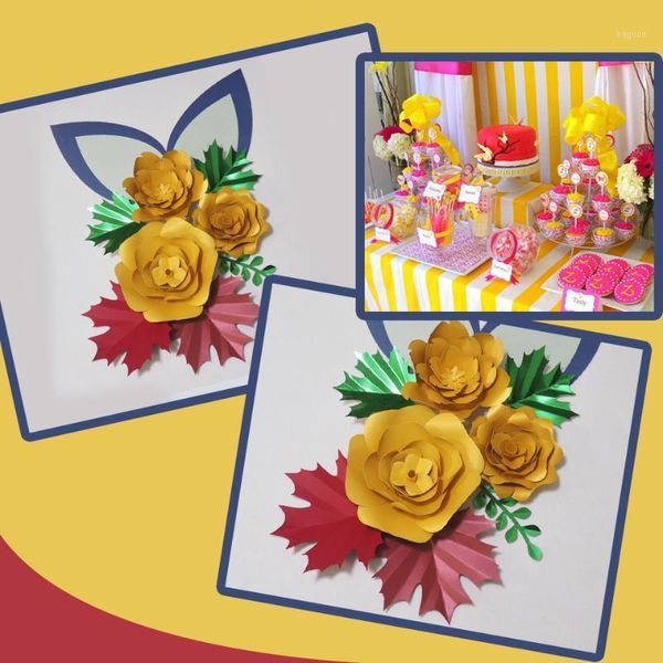 Flores decorativas Guirnaldas Cartulina Amarillo Papel de bricolaje Hojas Orejas Set para eventos de boda Telones de fondo Decoraciones Vivero Pared Deco Video Tuto