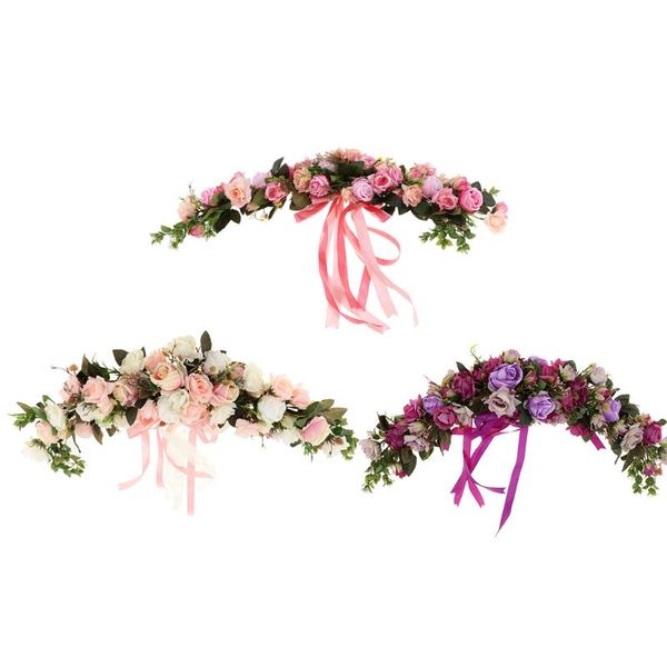 Guirnaldas de flores decorativas Chic seda rosa flor espejo pared puerta corona anillo ajuste boda ratán hojas flor guirnalda