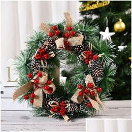 Decorative Flowers Wreaths Christmas 32 Cm Garland Pine Cone Red Berries Hanging On The Door Drop Delivery Home Garden Festive Par Par Otjhm