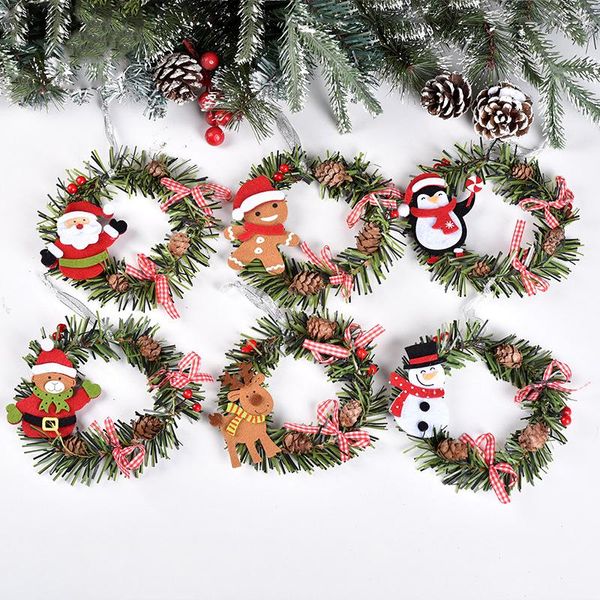 Flores decorativas Guirnaldas Adorno de guirnalda de Navidad con muñeco de nieve Elk Santa Colgante Decoración para el hogar Ventana Adornos de puerta Decorativos