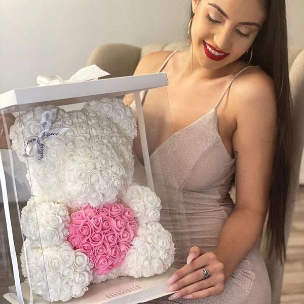 Flores decorativas coronas de navidad regalos de Navidad 25 cm Corazón de rosa artificial oso de peluche hecho a mano de rosas para mujeres Día de San Valentín B boda B