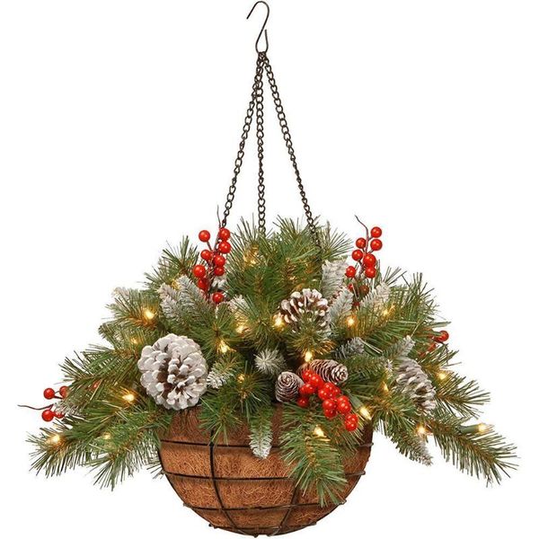 Guirnaldas de flores decorativas Cesta colgante de Navidad Decoraciones Flor hecha a mano Puerta de ratán Decoración Guirnalda Accesorios Luces LED