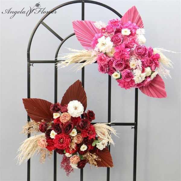 Flores decorativas Guirnaldas Color Dorado Natural Secado Pu Hoja de abanico Arreglo de fila de flores artificiales Arco de boda al aire libre Backdro236f