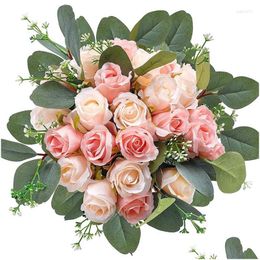 Couronnes de fleurs décoratives Fleurs décoratives 34pcs tiges de feuilles d'eucalyptus en soie rose artificielle pour la maison/mariage/décor de fête Drop D Dhsmr