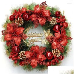 Couronnes de fleurs décoratives Fleurs décoratives Couronne de Noël Grande fleur rouge Berry Navidad Party Mur Porte Fenêtre Cheminée Escalier Dh9Yz