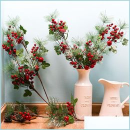 Couronnes de fleurs décoratives Fleurs décoratives Noël Simation Berry Aiguilles de pin artificielles Branche de fleur rouge Vitrine Holida Dhnhv
