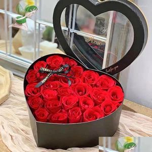 Decorative Flowers Wreaths Decorative Flowers 24/18Pc Heart Shape Rose Gift Box Artificial Eternal Bouquet Red Valentine Day Christm Dh9Ax