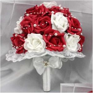 Couronnes de fleurs décoratives Fleurs décoratives Beautif Mariage rouge artificiel Bouquets de mariée Perles Fleur Rose Bouquet Drop Livrer Dh1Wv