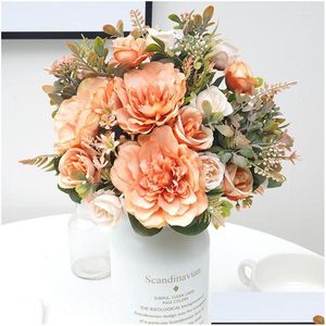 Couronnes de fleurs décoratives Fleurs décoratives Beautif Automne Orange Pivoine artificielle Soie Rose Fausses Plantes Accessoires Faux Herbe Nous Dhvku