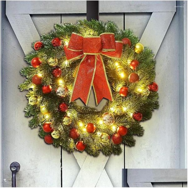 Guirnaldas de flores decorativas Flores decorativas 30/40 cm Guirnalda de Navidad Puerta de año LED con conos de pino Abeto de bayas Cinta roja Arco Gar Dhfck