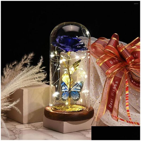 Guirnaldas De Flores Decorativas Flores Decorativas Led Luminoso Hoja De Oro Flor Mariposa En Una Cúpula De Vidrio Cadena De Luz Base De Madera Maciza V Dhxpx