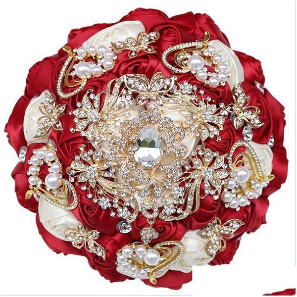 Couronnes de fleurs décoratives Couronnes de fleurs décoratives Bouquet de mariée Couleur crème Strass Perle Ruban Rose Sœurs faites à la main Wed Dhakz
