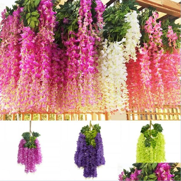 Flores decorativas Guirnaldas Dense Wisteria Simation Real Touch Vine Blanco Púrpura Azul Rojo Fiesta de bodas Home Garden Festival Drop Dhgyy