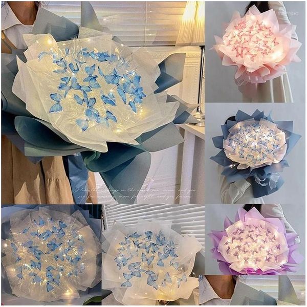 Couronnes de fleurs décoratives bricolage bouquets de papillons paquet de matériel de fleur à la main bouquet avec décor de chaîne lumineuse cadeau exquis pour Otpmg