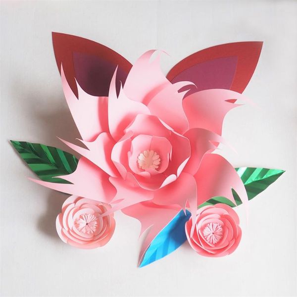 Couronnes de fleurs décoratives bricolage grand papier rose géante fleurs décors 3 pièces + 3 feuilles + 2 oreilles pour les décorations de mariage crèche naissance des enfants