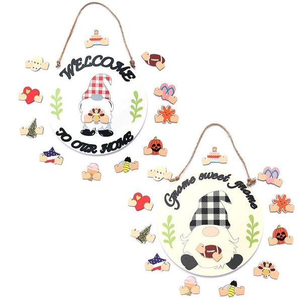 Décor de cintre de porte d'entrée de poupée de gnome de double face de couronnes de fleurs décoratives avec 12 pièces de rechange