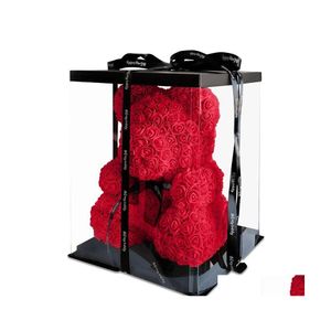 Couronnes de fleurs décoratives goutte 40 cm ours en peluche rouge de fleur rose boîte-cadeau de Noël artificielle pour les femmes Saint Valentin en peluche de Dhlfo