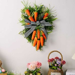 Couronnes de fleurs décoratives décoration de Pâques carotte et feuilles vertes pour guirlande murale porte d'entrée avec nœud papillon à carreaux P230310
