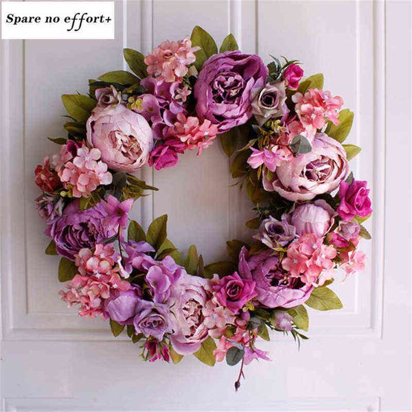 Couronnes de fleurs décoratives Guirlande de Pâques Fleur violet clair Guirlande en rotin naturel Rétro Porte Décoration murale Pivoine Guirlande artificielle Décor de mariage T220905