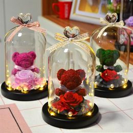 Guirnaldas de flores decorativas Rosa eterna preservada Precioso osito de peluche en corazón Cúpula de cristal con luz LED Decoración para el hogar de boda Mother1967