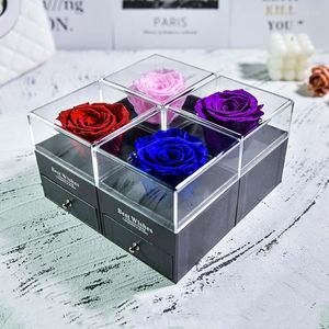 Coronas de flores decorativas Joyero de rosa eterna con collar de amor Caja de anillo de propuesta preservada Regalos de Navidad de San Valentín para