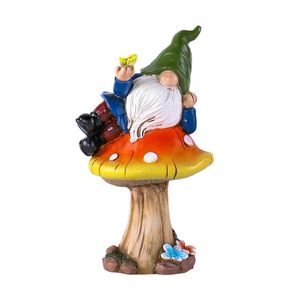 Couronnes de fleurs décoratives Gnomes elfes sans visage Levez la main Panneau de bienvenue Décoration de jardin Extérieur assis sur une statue de pelouse en forme de champignon Décor