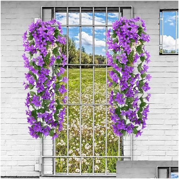 Guirnaldas de flores decorativas, flor falsa, cesta colgante de pared de ratán violeta artificial, decoración para sala de estar, Wisteria Simation Dr Dh0N2