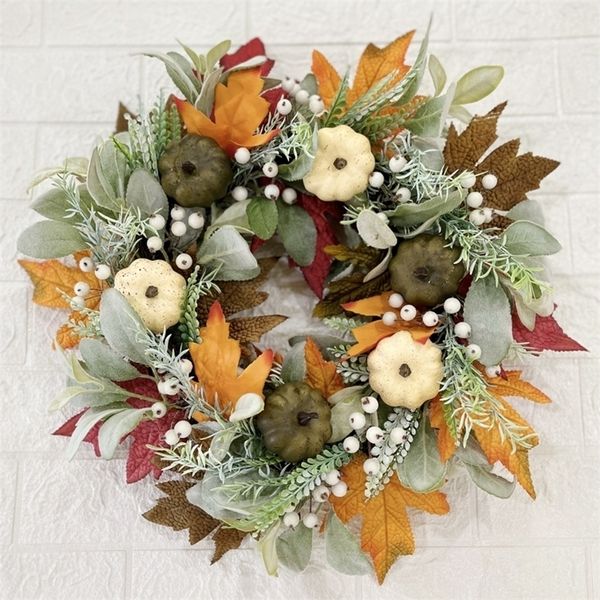 Couronnes de fleurs décoratives automne pour porte d'entrée couronne d'automne de 40 cm avec des feuilles d'érable de citrouille de baies décorations de festival de récolte de Thanksgiving 221109