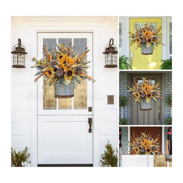 Couronnes De Fleurs Décoratives Automne Porte D'entrée Guirlande Récolte Tournesol Cône De Pin Cercle Guirlande Automne Pour Mur De Mariage Maison De A1 Dr Otudn