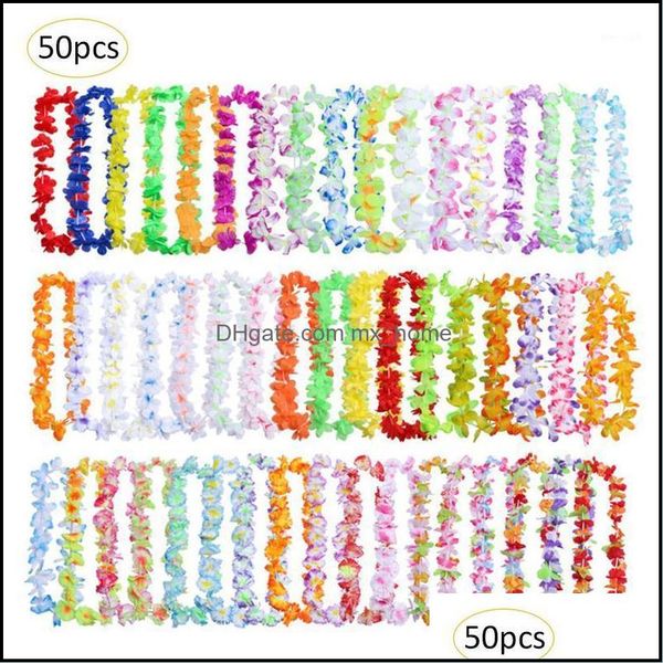 Couronnes de fleurs décoratives, 50 pièces/paquet, collier de couronne de Leis hawaïen, fleur artificielle pour décoration de fête de mariage