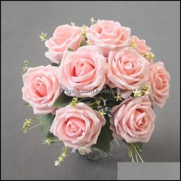 Couronnes De Fleurs Décoratives Fournitures De Fête De Fête Maison Jardin 9 Têtes Artificielle Rétro Soie Rose Bouquet De Fleurs Pour La Mariée Tenant Le Mariage