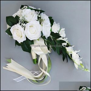 Fleurs décoratives couronnes fournitures de fête de fête maison jardin Ll cascade soie Rose Bouquet de mariage pour demoiselles d'honneur mariée Bouq Ot6Qk