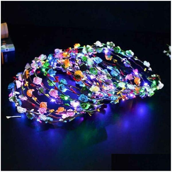 Couronnes De Fleurs Décoratives Clignotant Cordes Led Glow Fleur Couronne Bandeaux Light Party Rave Guirlande De Cheveux Floral Guirlande Lumineuse W Dhz0R