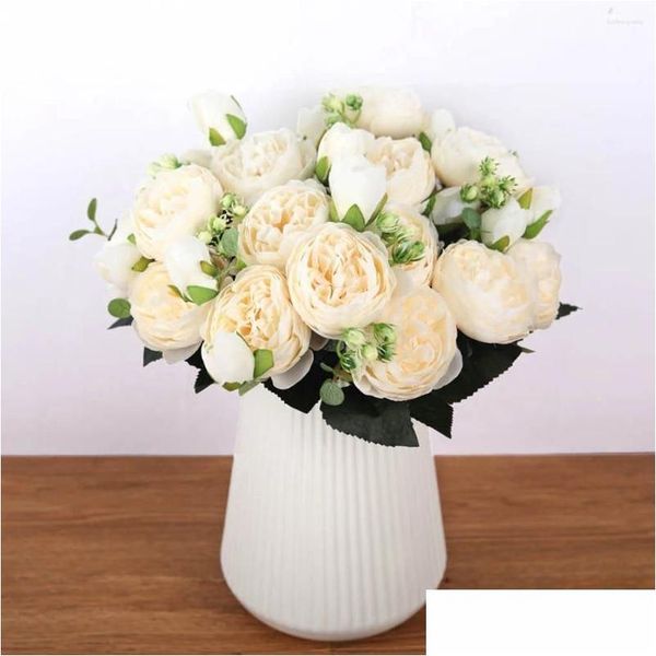 Couronnes de fleurs décoratives bouquet de fleurs 5 têtes boutons de roses artificielles en plastique tissu de soie faux blanc livraison maison jardin festif Otz4L