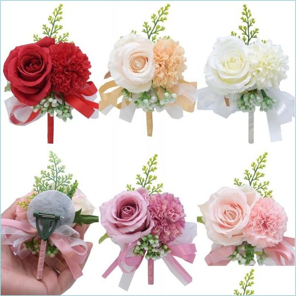 Fleurs décoratives Couronnes Fleur Poignet Cor Boutonnière Bracelet À La Main Rouge Rose Pivoine Artificielle Rose Cors Demoiselle D'honneur Dh21T